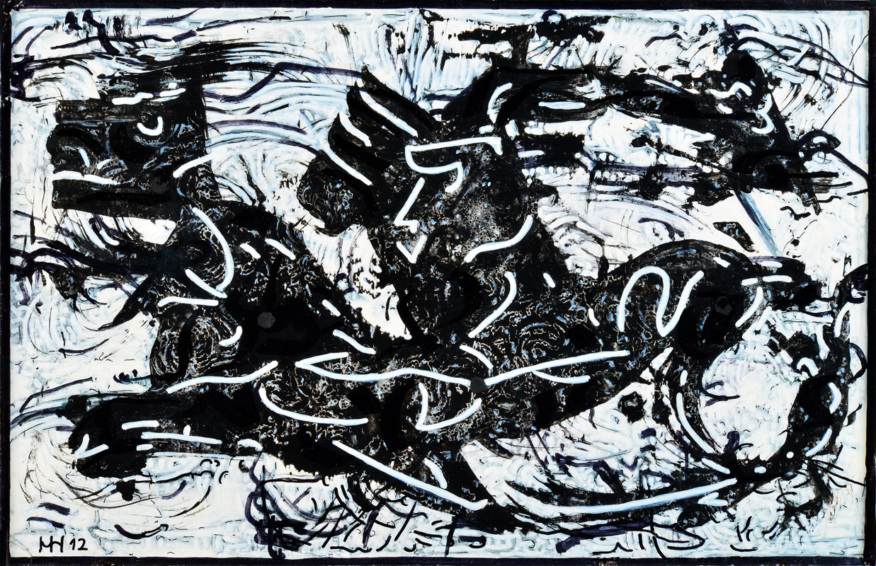 Jägerlatein 2012, Lackfarbenübermalung auf Hartfasertafel, 34 x 53,5 cm