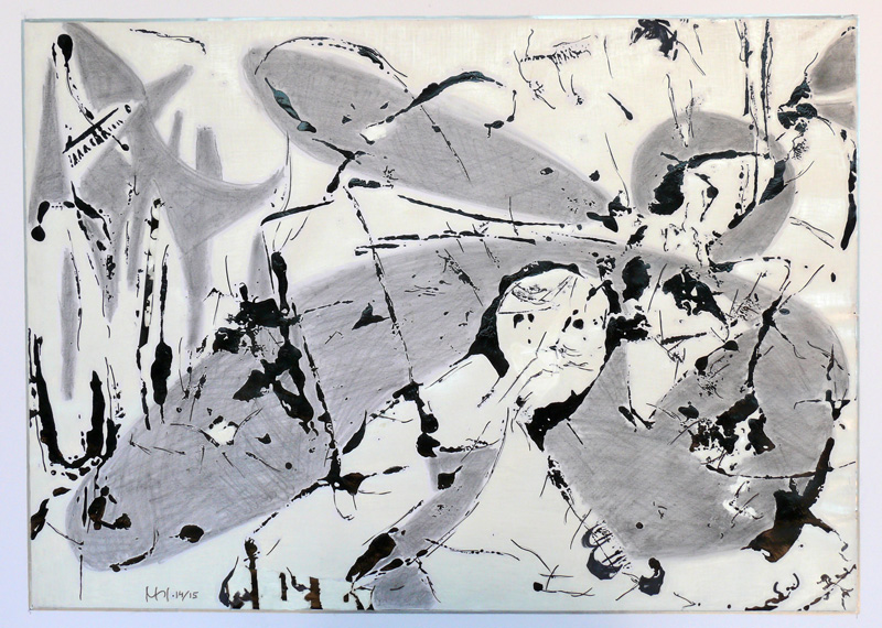 Fluchtwelle 2015, Bleistift und Lackfarbe, Papier auf Leinwand, 70 x 100 cm