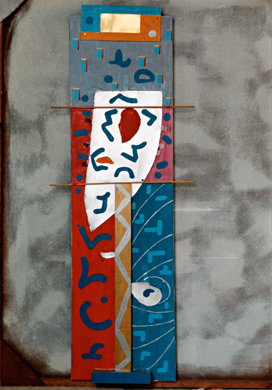 Substantiv von 2 Seiten B 1992, Materialrelief auf Keilrahmen, Mischtechnik, 140 x 40 cm
