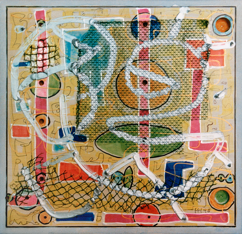 Frühjahrskollektion 1998, Applikation auf Möbelplatte, Mischtechnik, 47 x 47 cm
