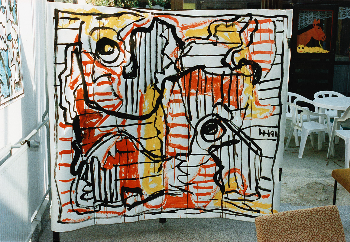 Saitenwechsel 1991, entstanden während der Performance „energy of music & painting“ (e…m…p) mit Stefan Dialer, Piano, Plakatfarben auf Papier, 160 x 170 cm