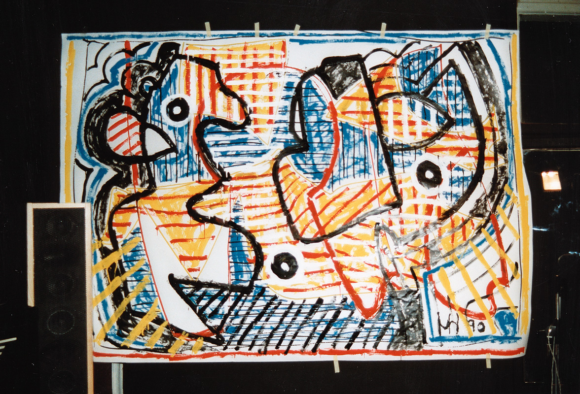 Kulturdisput 1990, „energy of music & painting“ (e…m…p) mit Stefan Dialer, Kulturhaus Treptow, Plakatfarben auf Papier, 160 x 200 cm
