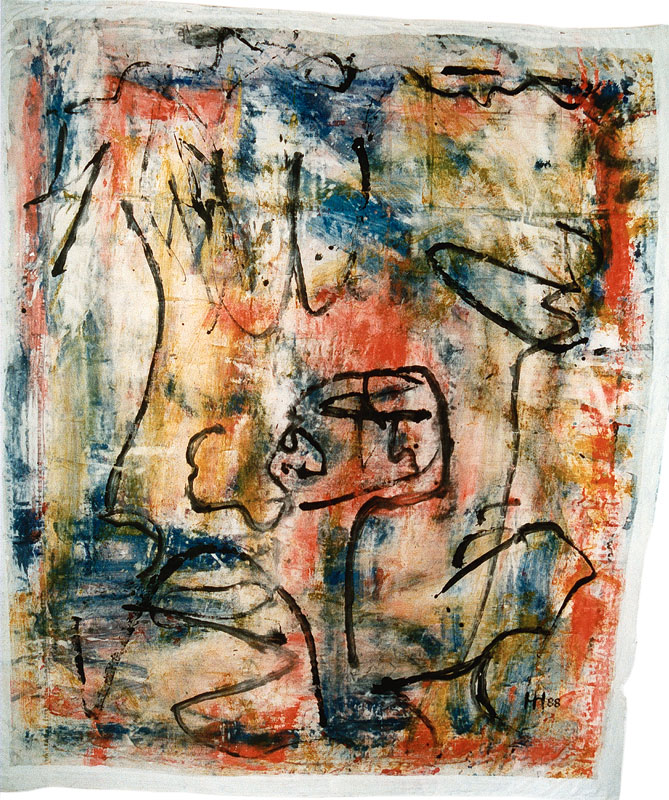Lust und Schmerz 1987/88, Plakat- und Acrylfarben auf Bettlaken, 150 x 130 cm