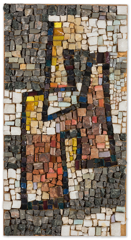Begegnung der Steine 1962, Mosaik auf Holz mit Naturstein, Glas, Keramik, 45 x 25 cm